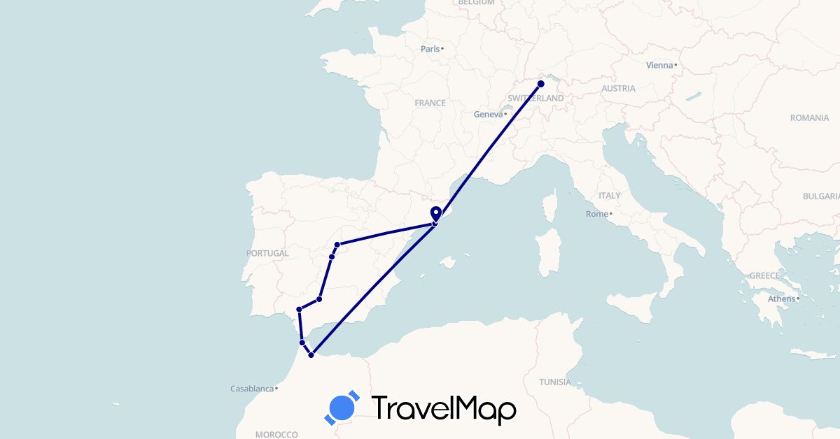 TravelMap itinerary: driving in Switzerland, Spain, Morocco (Africa, Europe)